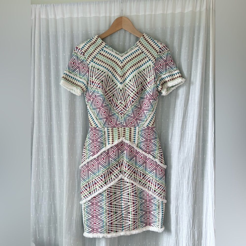 Adelyn Rae Jaylene woven sheath dress with multicolor pattern and fringe trim